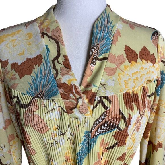 Vintage 80s Accordian Pleated Peplum Dress M Yellow Birds V Neck Tie - Picture 2 of 8